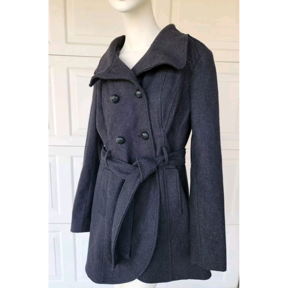GUESS Peacoat Coat Wool Double Breast Buttons Belted Jacket Gray Medium Large